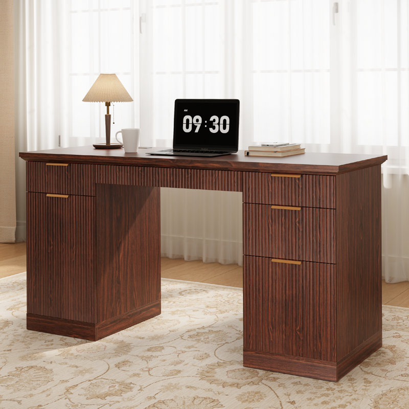 Bureau cannelé moderne avec rangement Ato, Noyer brun
