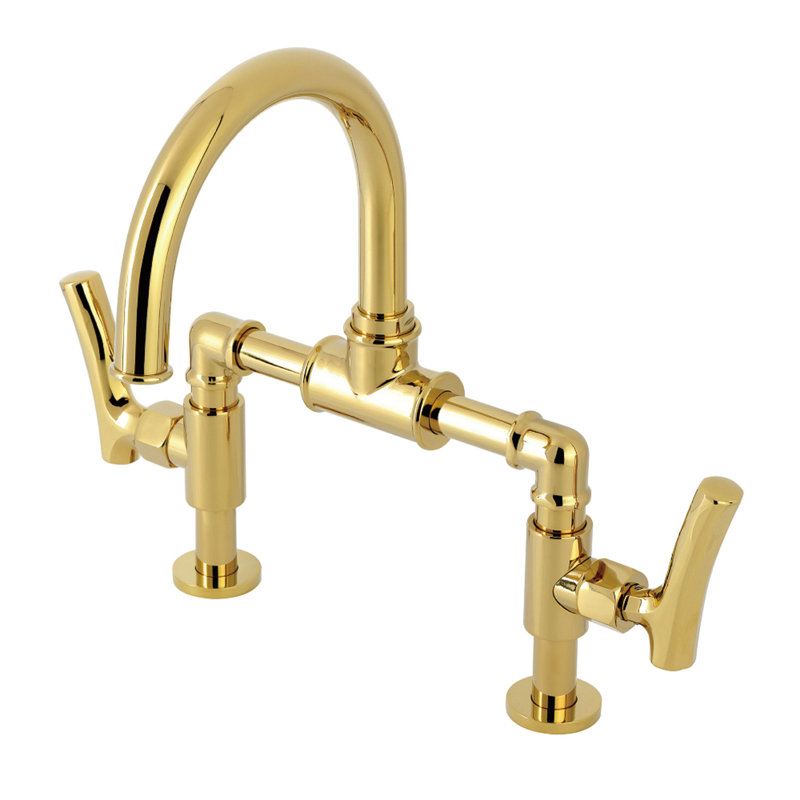 Kingston Brass Hallerbos Two-Handle 4-Hole Deck Mount Bridge Bathroom Faucet with Brass Pop-Up Drain, Polished Brass