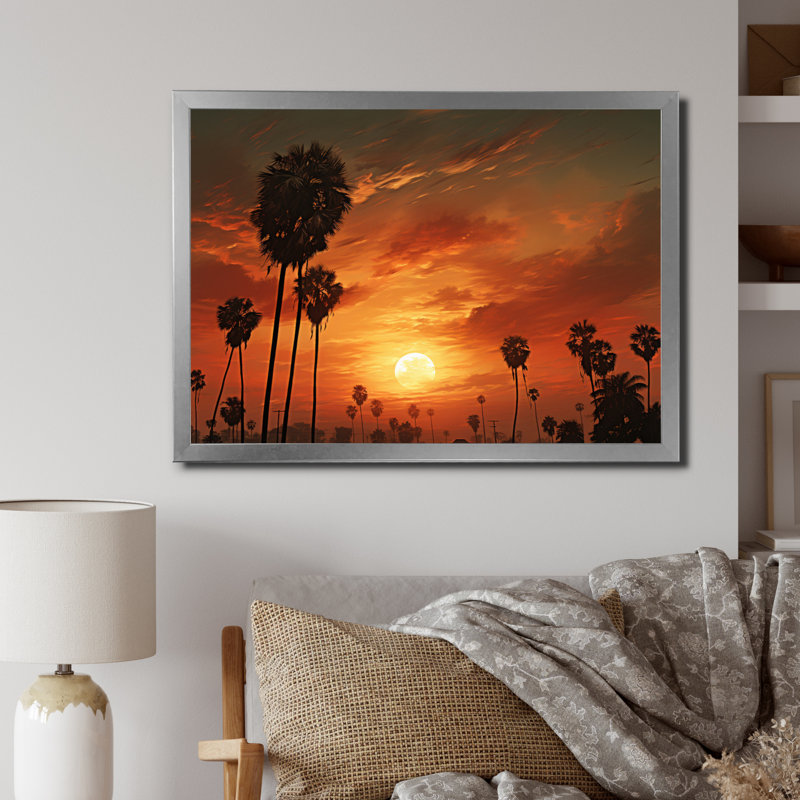 " Sunset With Palm Trees ", Silver Picture Framed, 16" H x 32" W x 1" D