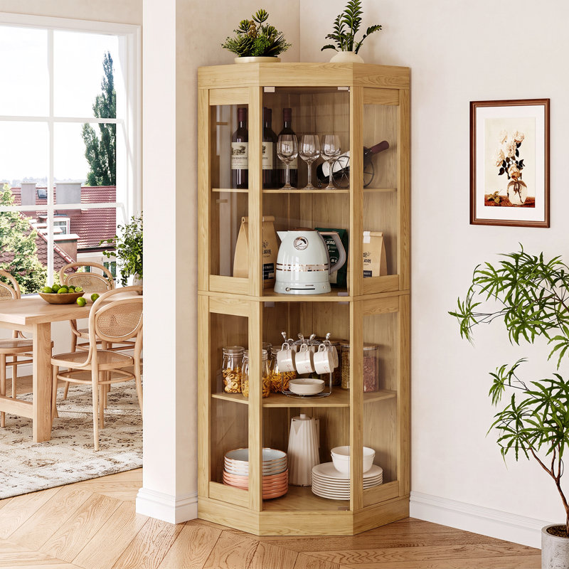 Vitrine d'angle de 70 pouces de haut avec portes vitrées, vitrine moderne à 4 étagères, Black