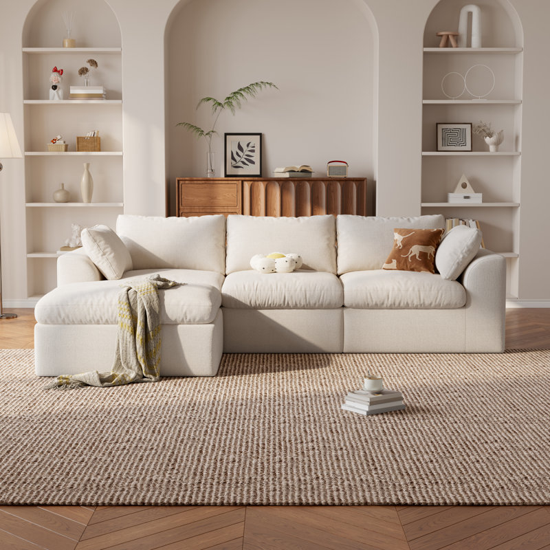 Canapé d'angle Cloud sans ossature en forme de L de 274 cm avec pouf, canapé modulable 4 places à assise profonde en tissu mousse bicolore, aucun assemblage requis pour le salon (blanc)