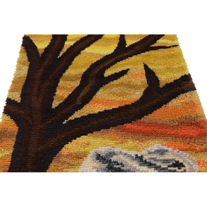 Vintage Swedish Rya Rug, Tree And Landscape In Sunset Palette – Rug & Kilim