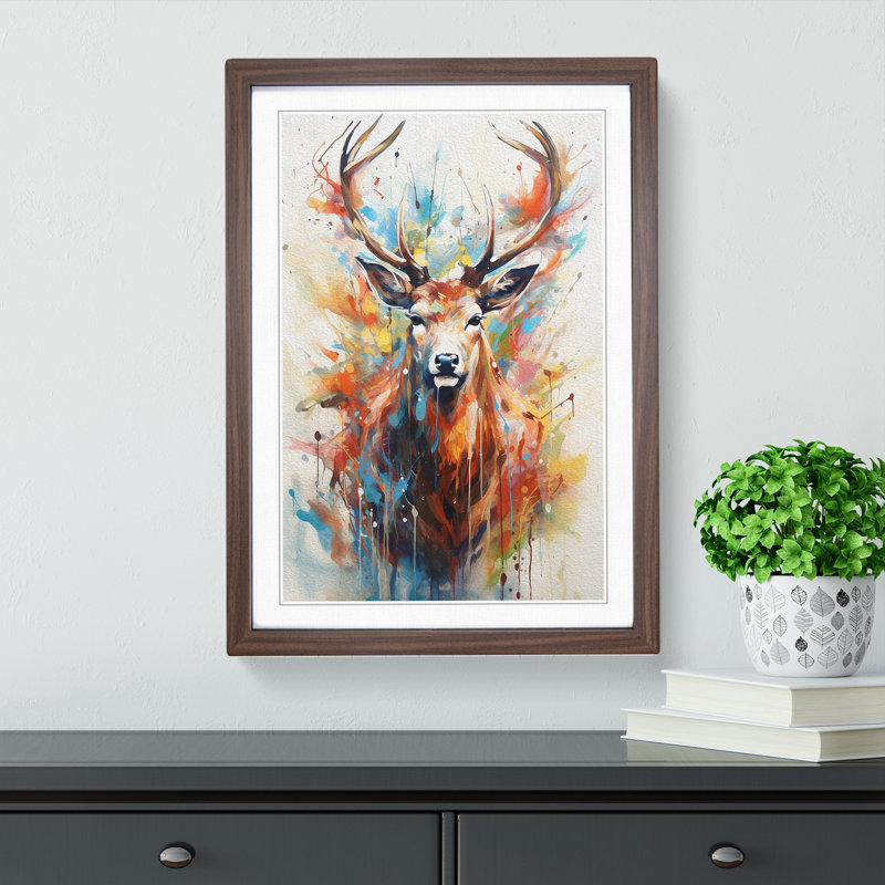 Deer Gestural - Single Picture Frame Print on Wood, Walnut Framed, 64cm H x 46cm W