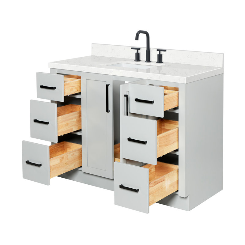 Meuble-lavabo rectangulaire simple de 122 cm (48 po) avec comptoir en quartz blanc de Carrare de 3,8 cm (1,5 po) d'épaisseur, finition grise.