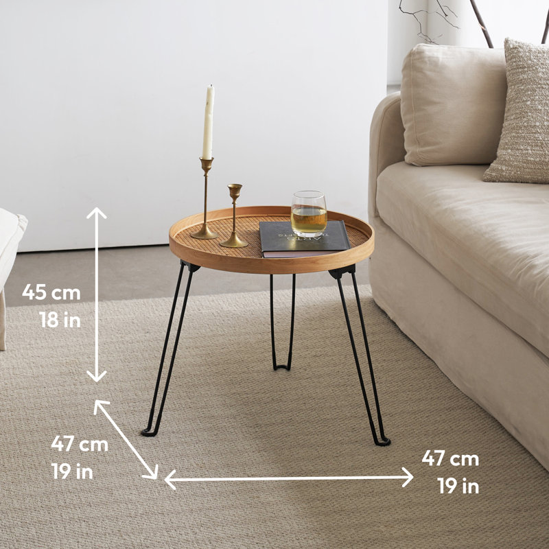 Round Wood And Rattan Side Table, Foldable Table With Metal Tripod, Rattan Round Tray Top, Boho Style, Chic Coffee Table, Side Table (Height 17.7", Grid Knit Pattern