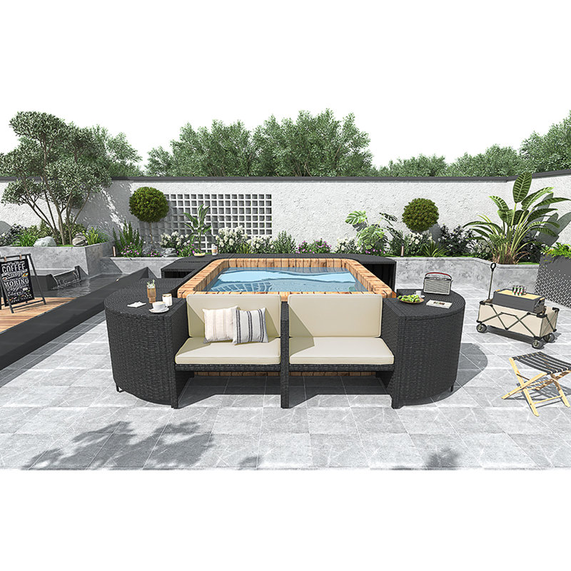 Ensemble de canapés modulaires en rotin pour l'extérieur avec cadre mini spa, sièges en bois et espaces de rangement, beige