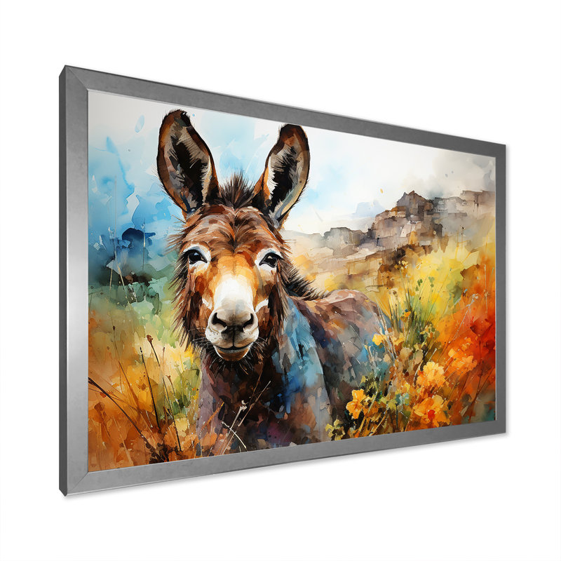 Patchwork Donkey Pastures I - Donkey, art mural, H 32 po x l 16 po x P 1 po, Cadre de coin fermé argenté