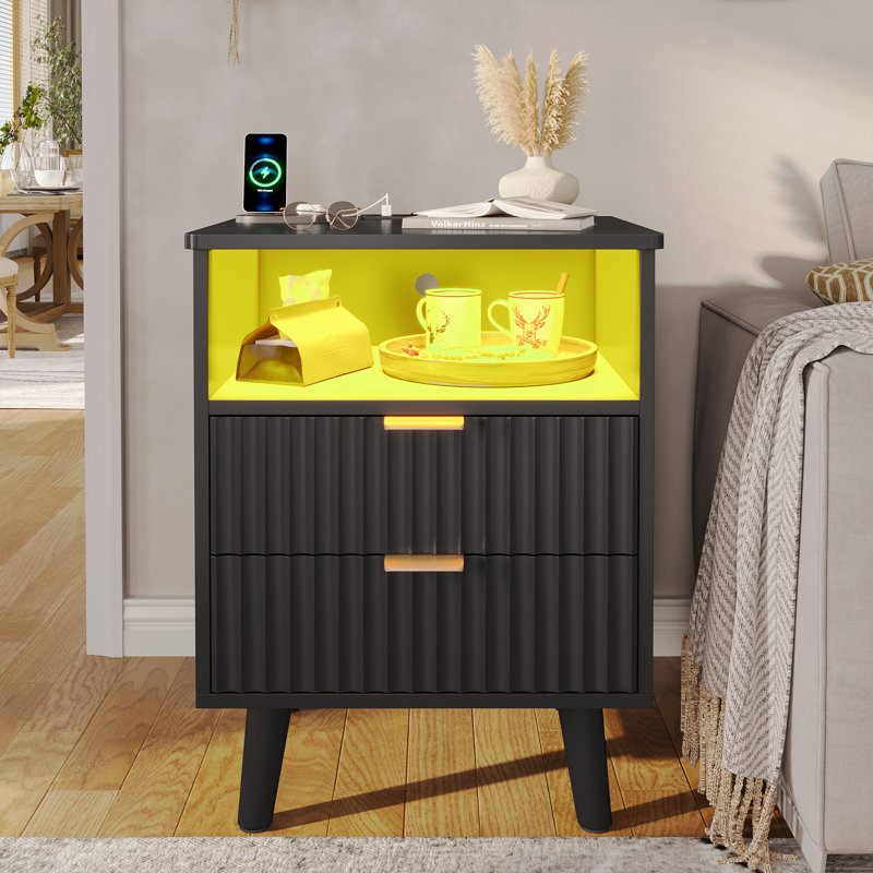 Fluted Nightstand with Charging Station - 2 Drawer Night Stand, Curved Bedroom End Table, Black, Black