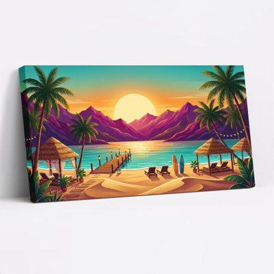 Tropical Beach Sunset With Palm Trees And Mountains Canvas Wrapped Wall Art Oil Painting Print Set Of 1