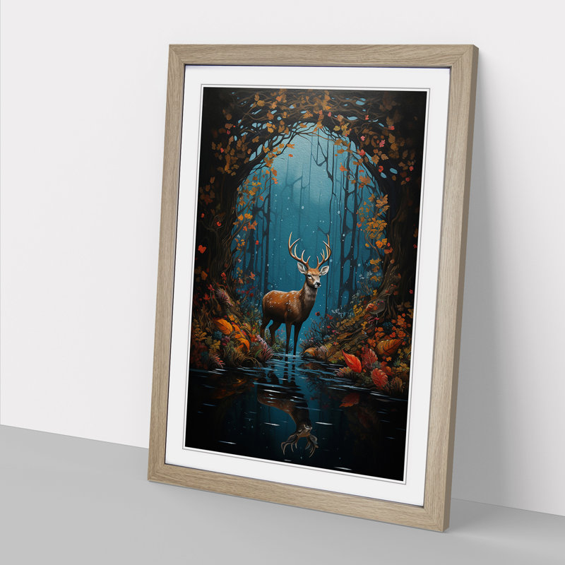 Deer Hard Edge - Single Picture Frame Print on Wood, 34cm H x 25cm W, Oak Framed