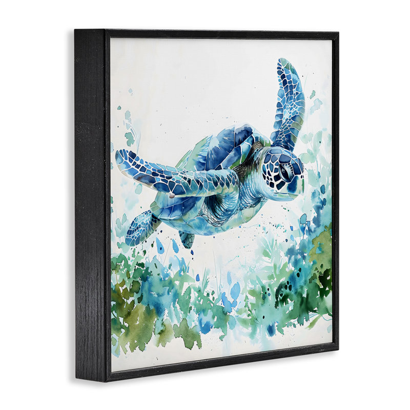 Tortue de natation et art giclée botanique, design par LSR Creative Studio, Giclée encadrée noir minuit, H 12 po x l 12 po