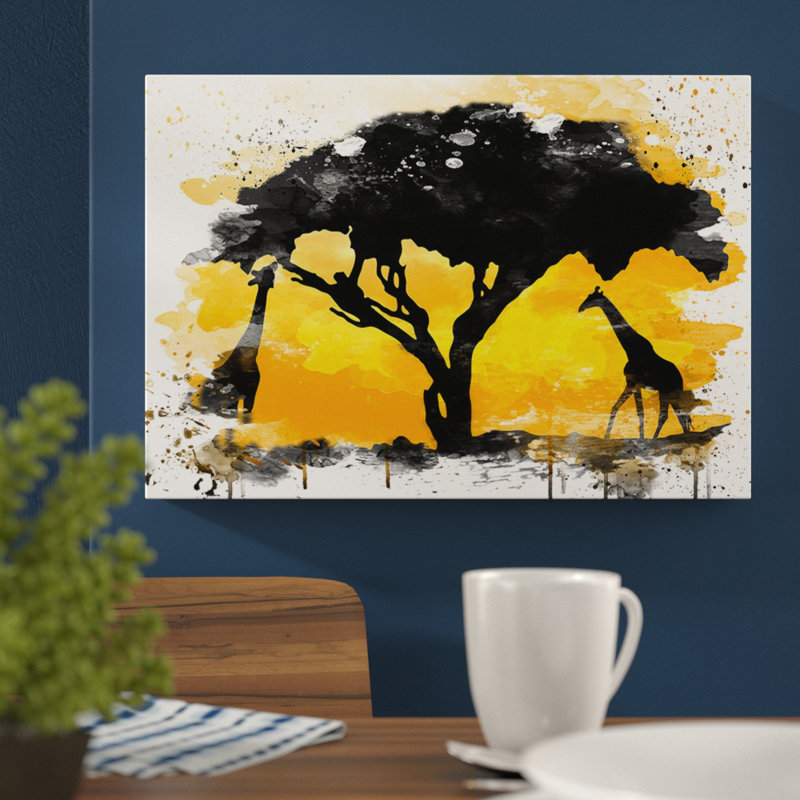 Giraffe Silhouette at Sunset - Wall Art, 40cm H x 60cm W, Wrapped Canvas