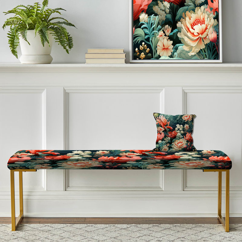 Upholstered Gold Bench, Coastal Coral Reef Coastal Pattern