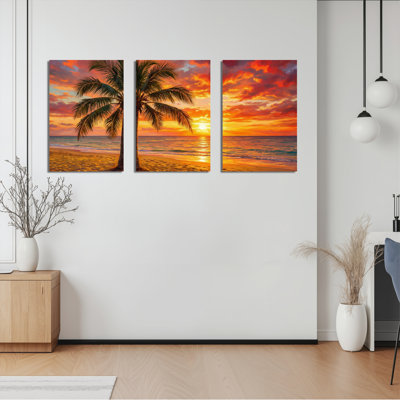 Tropical Palm Tree Sunset Beach Scene Canvas Wrapped Wall Art Oil Painting Print Set Of 3