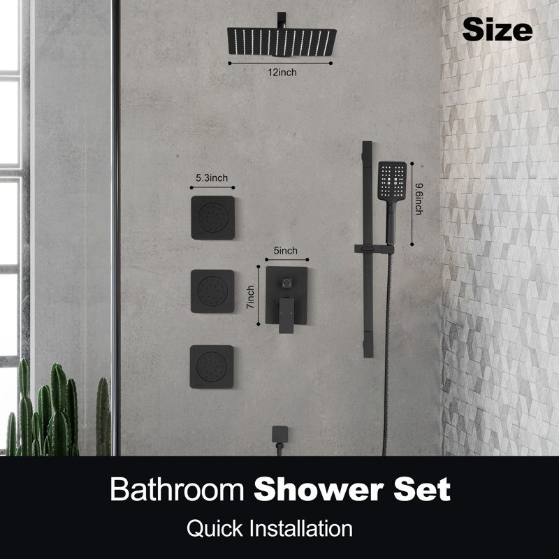 Shower System With 3 Body Jets,12 Inch Wall Mounted Rainfall Shower Set Rain Shower Head And Handheld Spray, Matte Black