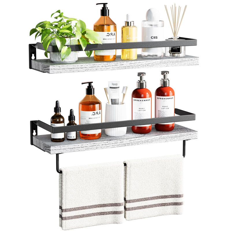 2 Piece Wall Shelves for Bathroom, Kitchen, Bedroom, Bathroom Shelf with Towel Bar, White, 3.19" H x 17.32" W x 4.17" D