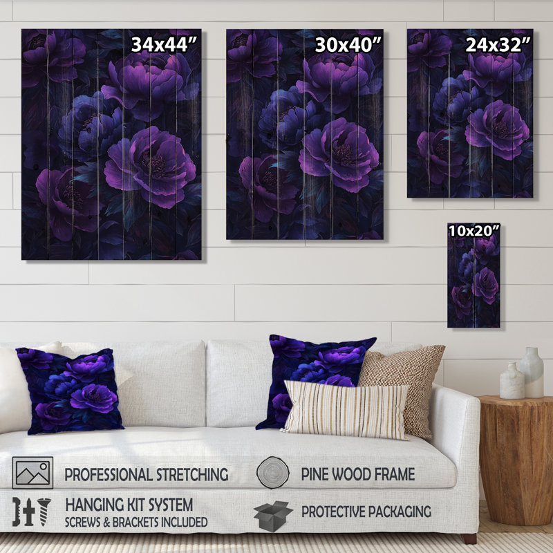 Mauve, pivoines et minuit, art mural en bois - sur bois de pin naturel, H 40 po x l 30 po x P 0,78 po