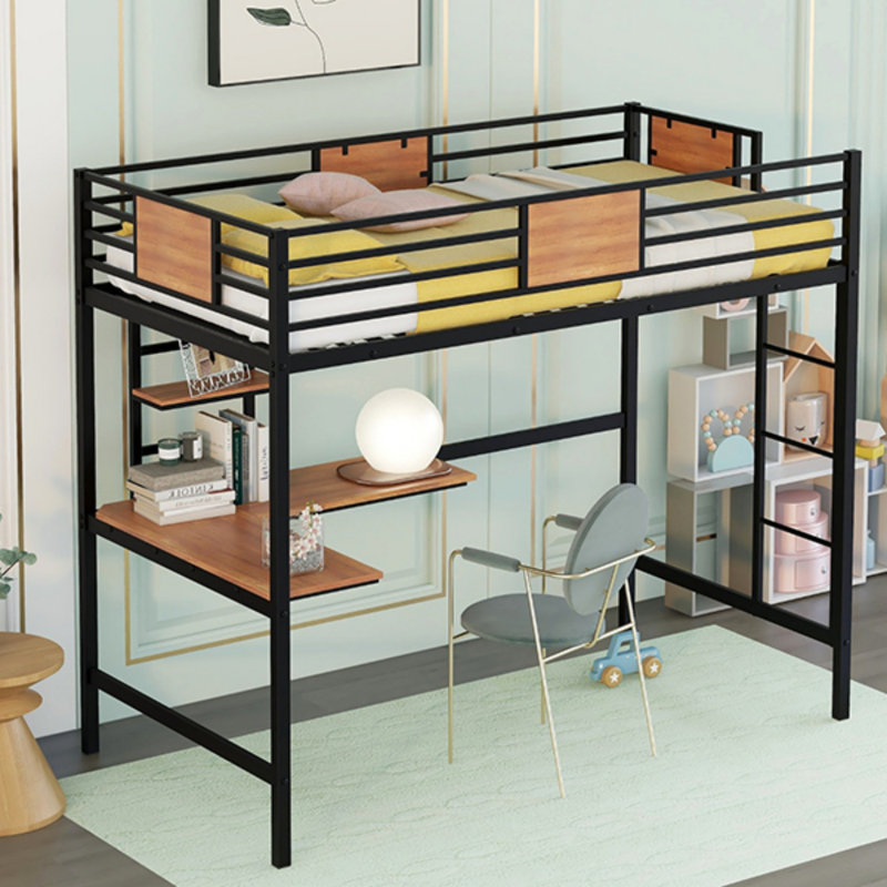 Lit mezzanine simple en métal avec bureau et tablette (lit), lit mezzanine en métal, Noir