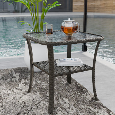 Brown Square Wicker Rattan Side Table With Glass Top