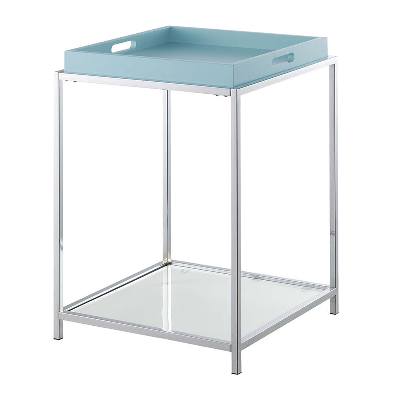 Glass Tray Top End Table with Storage, Sea Foam