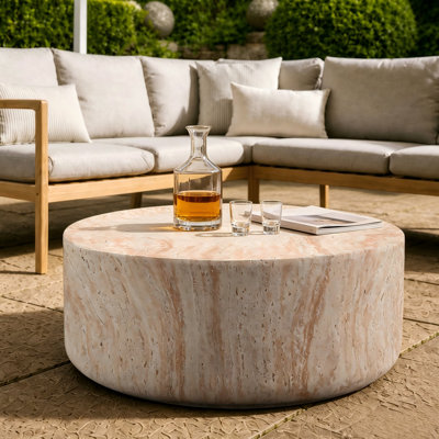 Table basse cylindrique ronde en imitation travertin MgO, table d'appoint basse, idéale pour l'intérieur et l'extérieur (salon, terrasse), diamètre 81 cm x hauteur 30,5 cm