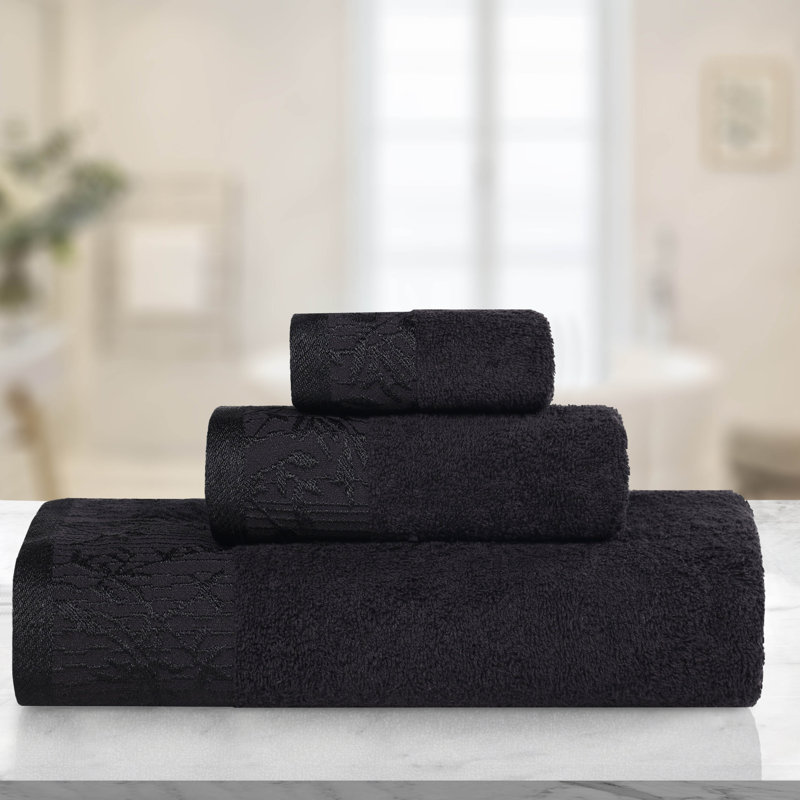 Carinna Cotton Medium Weight Floral Jacquard Border Assorted Bathroom Towel Set, Black/Black, 3 Piece Towel Set