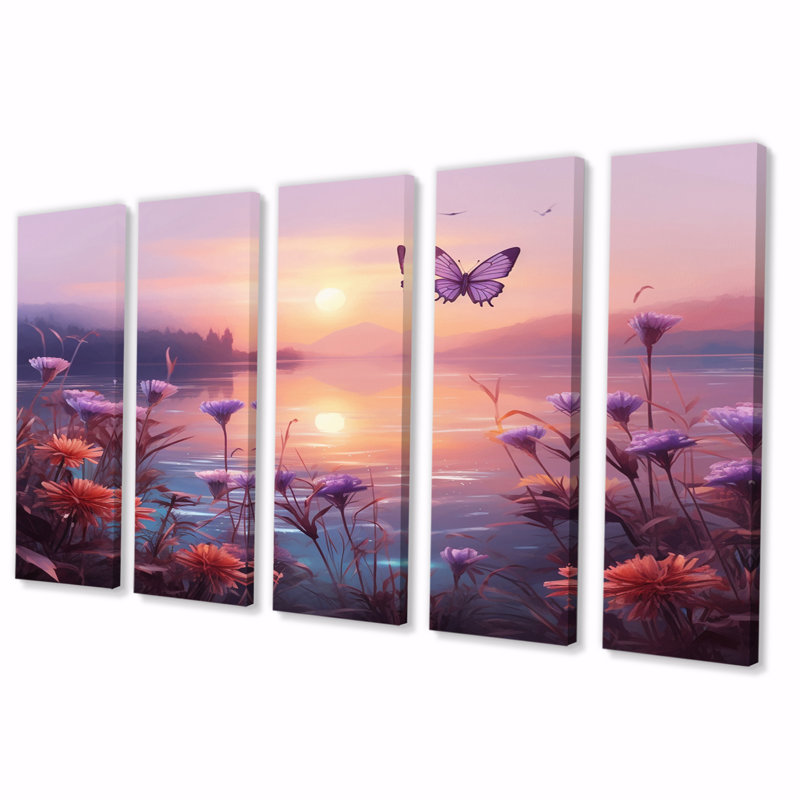 Papillon rose, coucher de soleil magique - animaux, décoration murale papillon - 5 panneaux égaux
