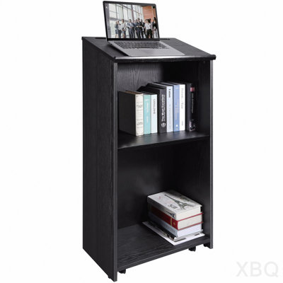 47-Inch Wooden Hostess Podium Stand / Lectern with Wheels and Slant Desktop - Black