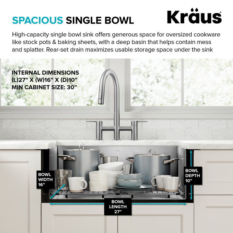 KRAUS Standart Pro Apron Front Farmhouse 16 Gauge Bowl Stainless Steel Kitchen Sink, 30"L x 20.75"W x 10"H, Single Bowl