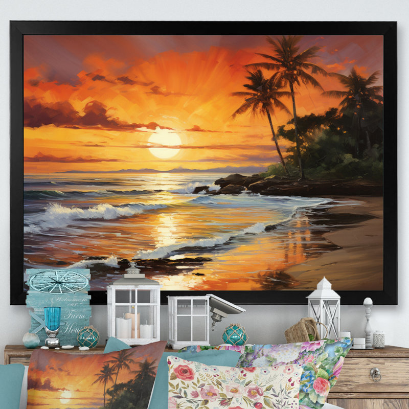 Caraibe Island Sunset III - reproduction sur toile, Cadre naturel flottant, H 24 po x l 32 po x P 1 po