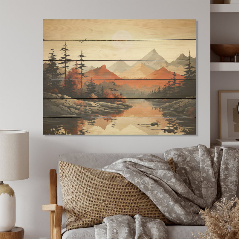 «Mountain Whisper Sunset Dreams - Minimalisme», art mural sur bois de pin naturel, H 30 po x l 40 po