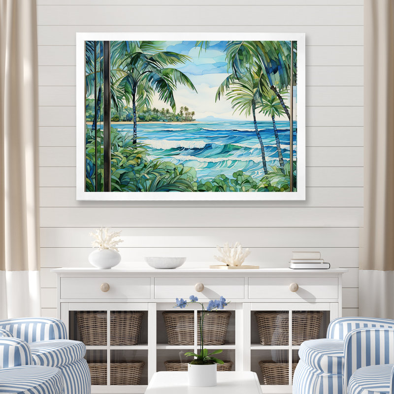 Tranquillité de plage tropicale - art mural côtier, Cadre de coin blanc fermé, H 34 po x l 44 po x P 1,5 po
