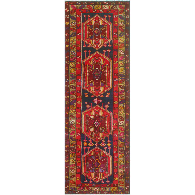 One-of-a-Kind 3'4" x 10'2" New Age Runner Wool Area Rug in Red