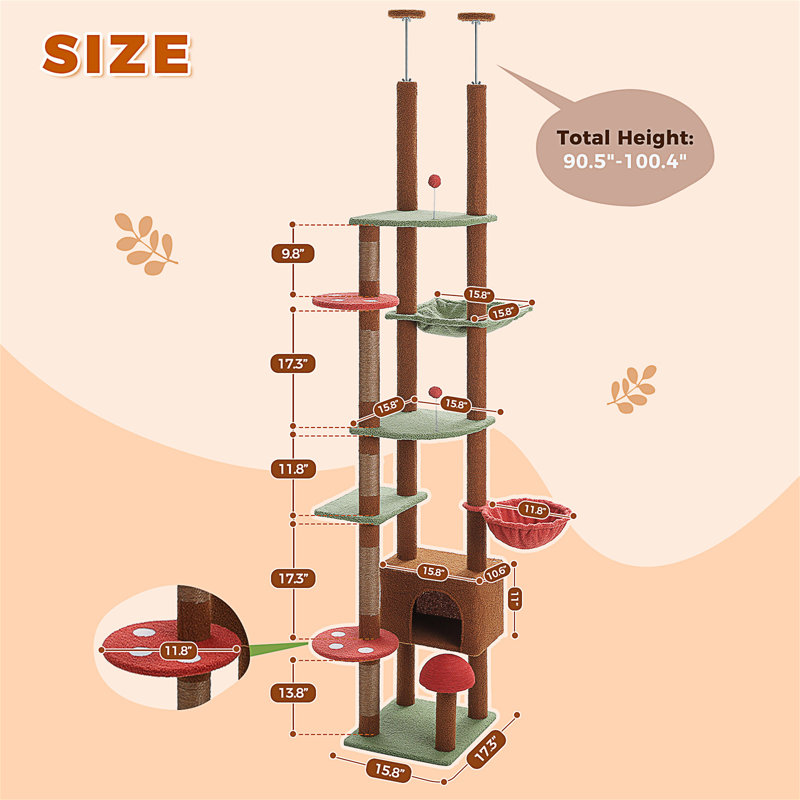 Arbre à chat haut, tour du sol au plafond réglable [90,5 po - 100,4 po = 230-252 cm] avec condo pour chat, hamac pour chat et poteau à griffes, arbre d'escalade pour grands chats d'intérieur