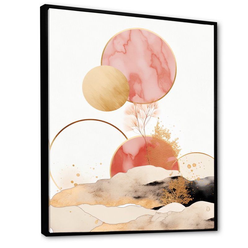 «Serene Boho Chic Landscape In Pastel & Gold», salon d'art mural géométrique moderne, Cadre flottant noir, 32" H x 24" W