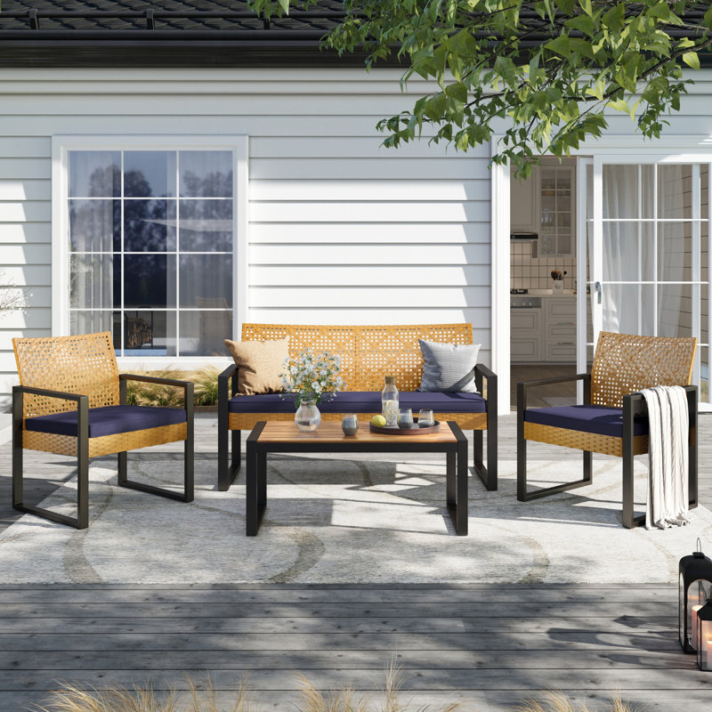 Armantine Darb Stylish 4-Person Wicker Patio Set, Yellow, Navy Performance