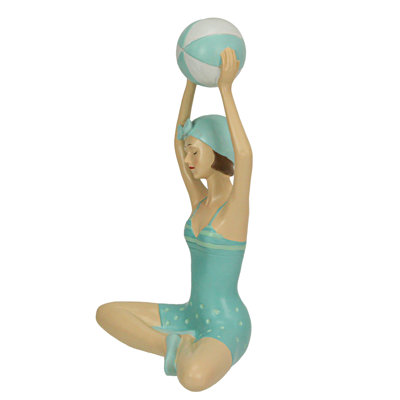 Retro Bathing Beauty Beach Girl With Ball Sage Green Polka Dot Swimsuit Figurine
