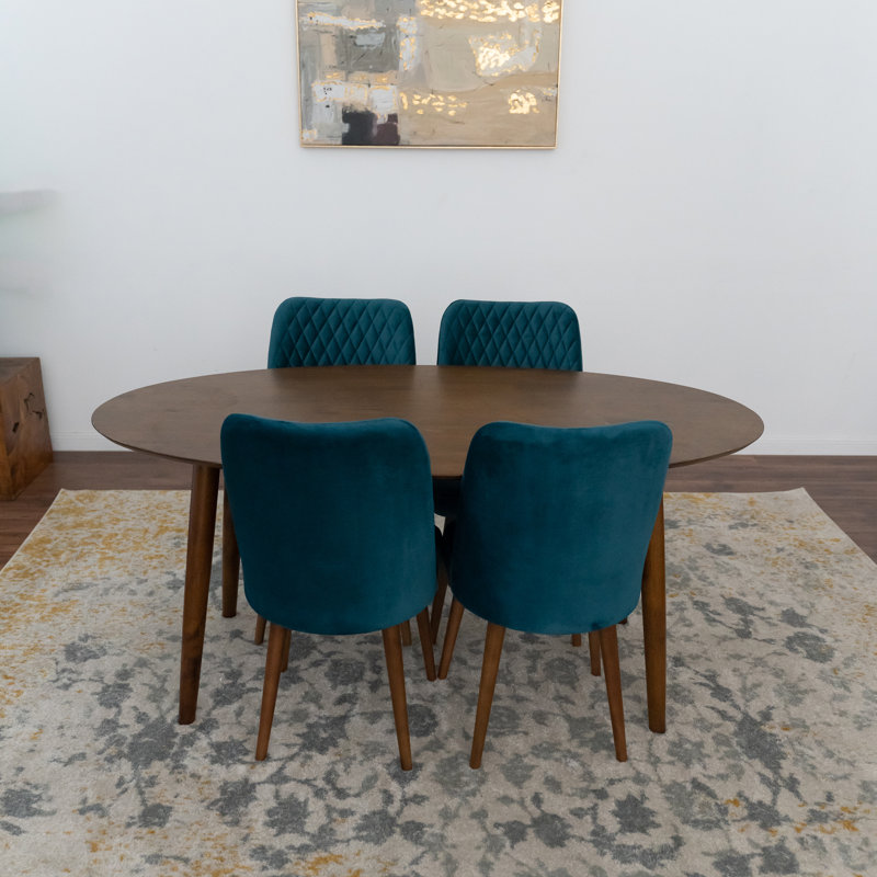 Gimpel 5 - Person Solid Wood Oval Dining Set with Velvet Upholstered Chairs, Brown, Teal