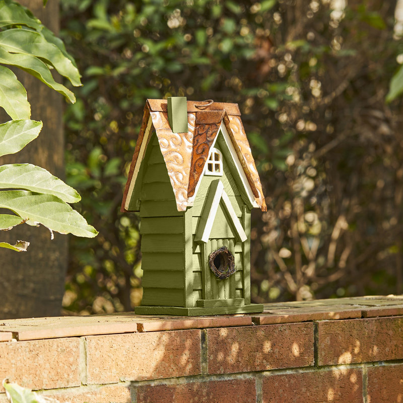 Maison d'oiseaux de jardin en bois massif patiné Strader, Vert/brun