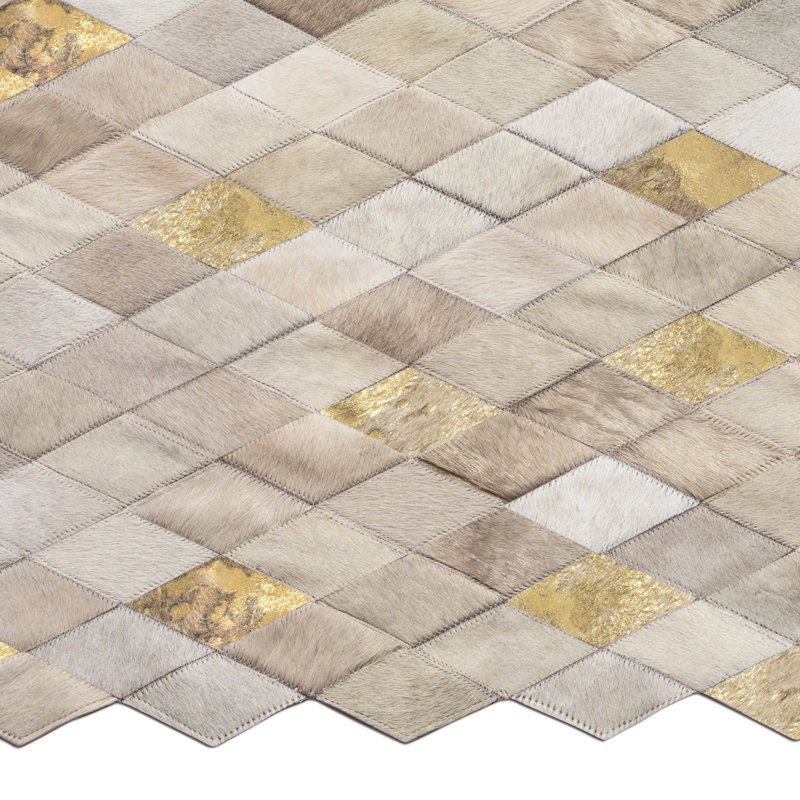 Demeter Cowhide Geometric Area Rug, Rectangle 10' x 14', Ivory/Gold