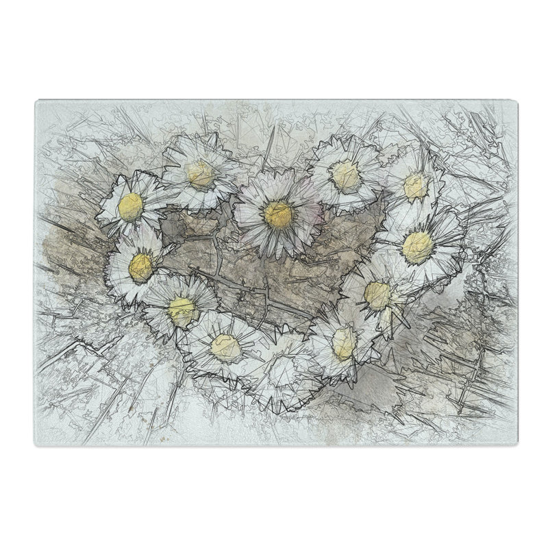 Daisy Heart Chain Sketch Chopping Board, 0.4cm H x 28.5cm W x 39cm L