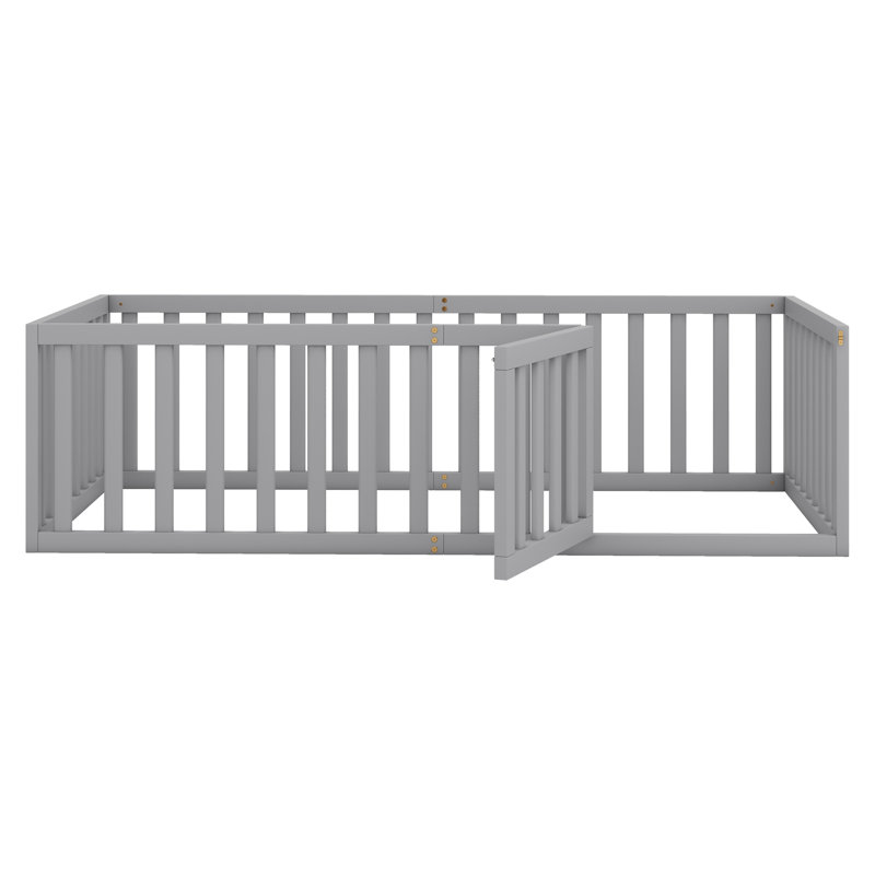 Structure de lit en bois avec clôture et porte, Gris