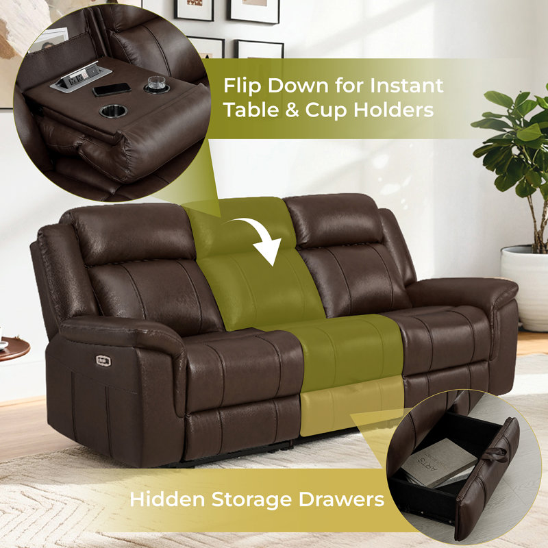 3-Seat Dual Motor zero clearence recliner Genuine Leather Power Recliner Sofa With Power Headrest And Console, Dark Brown