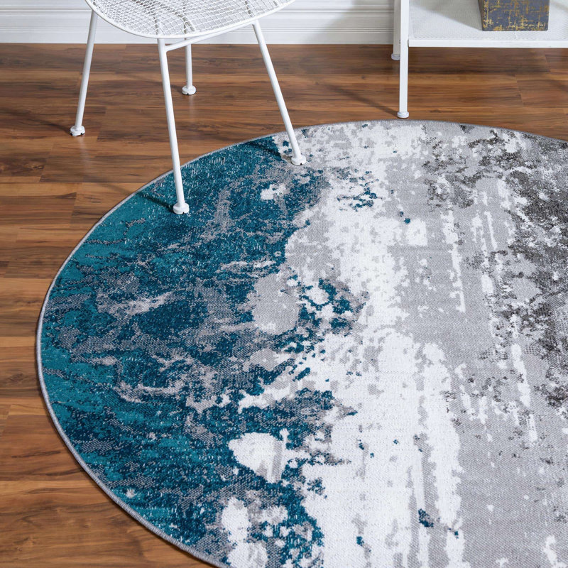 Tapis bleu/gris, Rond 5 pi 3 po