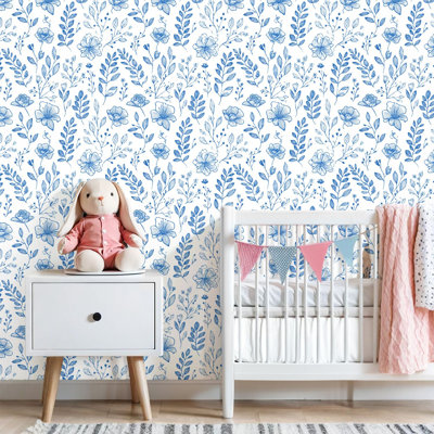 Papier peint auto-adhésif à motif floral botanique bleu à motif de feuilles dessinées à la main, papier de contact blanc, adhésif mural amovible pour armoires de cuisine de chambre à coucher, 24 po x 118 po