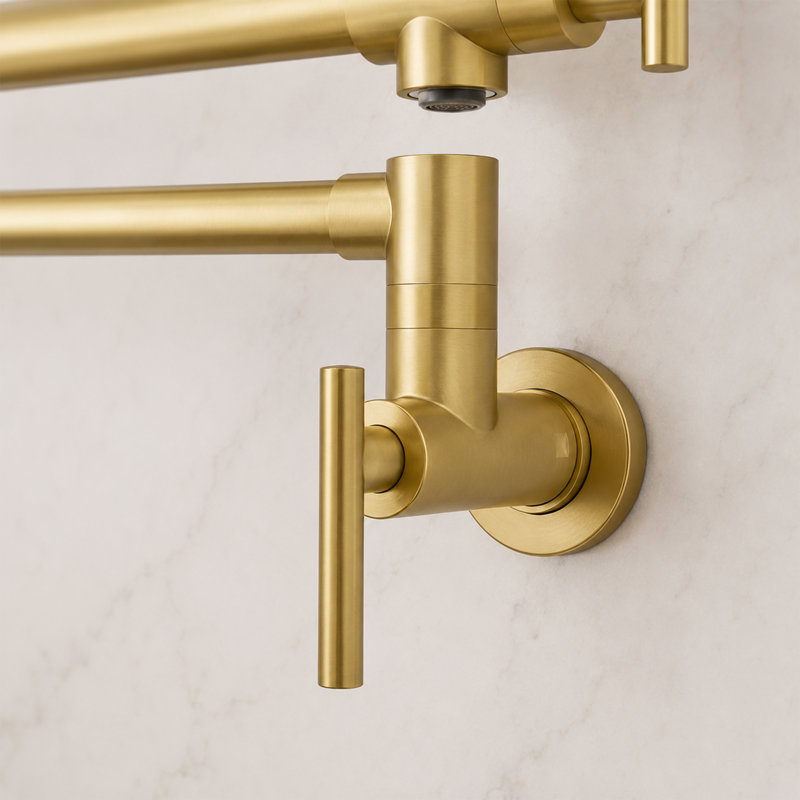 Wall Mount Pot Filler Faucet Double-Handle Folding Kitchen Restaurant Sink With Dual Joint Swing Arm Commercial, Brushed Gold