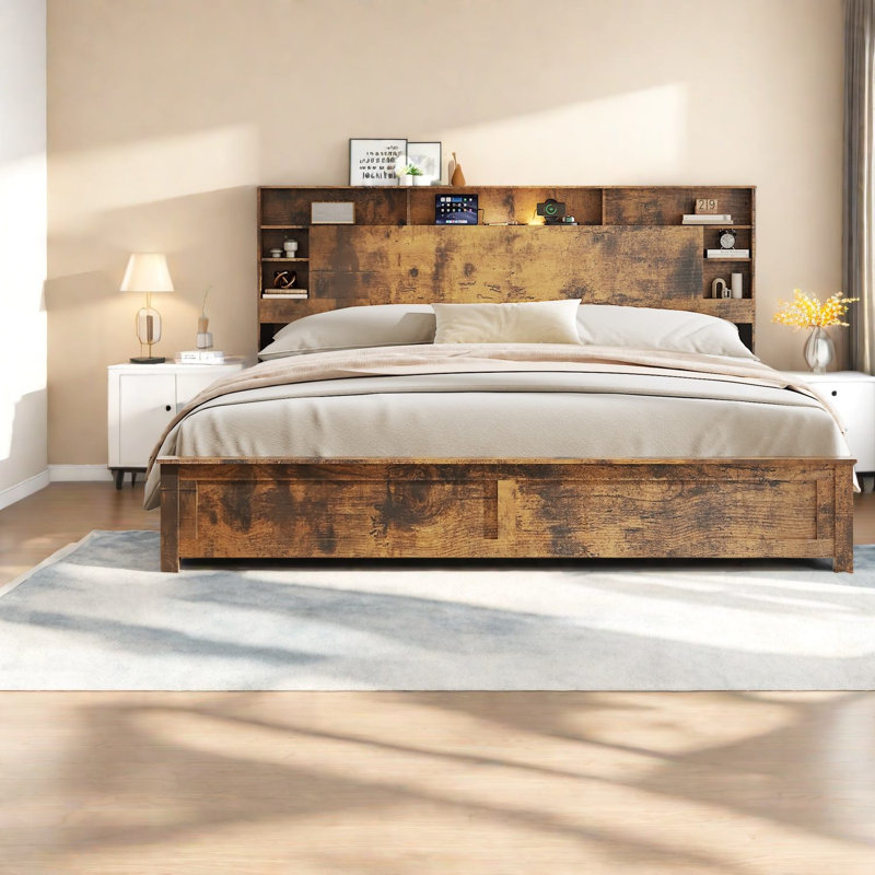 Très grand lit compact, structure en bois et métal avec rangement, brun foncé moderne pour la maison