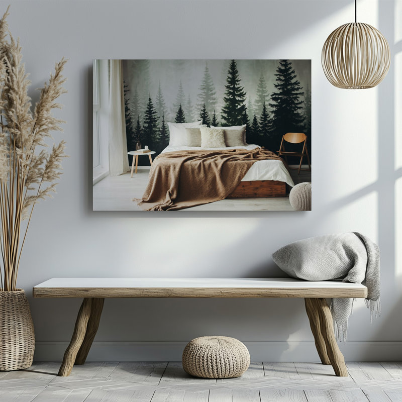 Toile, une chambre à coucher scandinave douillette avec un grand lit orné de coussins blancs et beiges moelleux surmontés d'une toile tendue