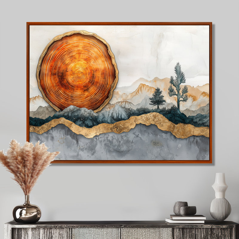 Paysage doré doré avec cactus et glissade sur bois - art mural désert, H 24 po x l 32 po, Cadre flottant, Brun
