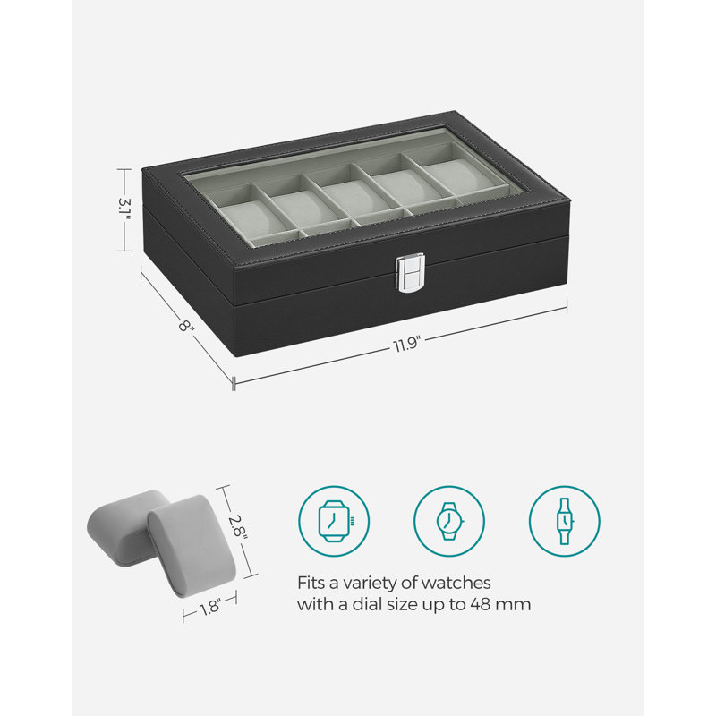 Watch Box, 12-Slot Watch Case, Watch Box Organizer, Black Synthetic Leather, Greenish Grey Lining